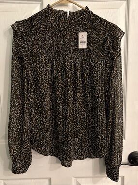 Loft ruffle neck blouse women’s small, black and copper floral sheer long sleeve